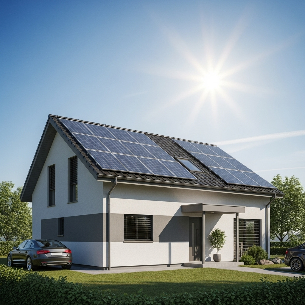 Maison moderne avec panneaux solaires sur le toit